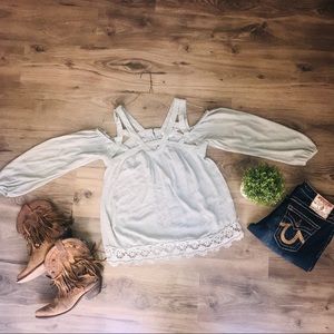 Coco and Jameson faded cold shoulder lace top